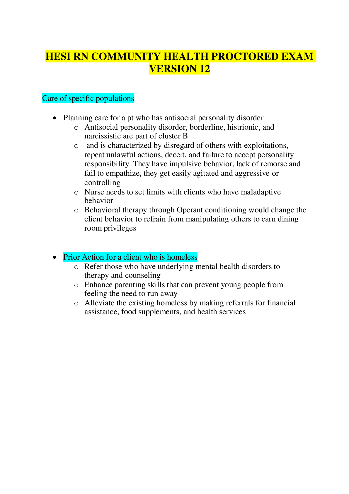 Preview of HESI RN Community Health Proctored Exam Version 12 Questions & Answers with Rationale